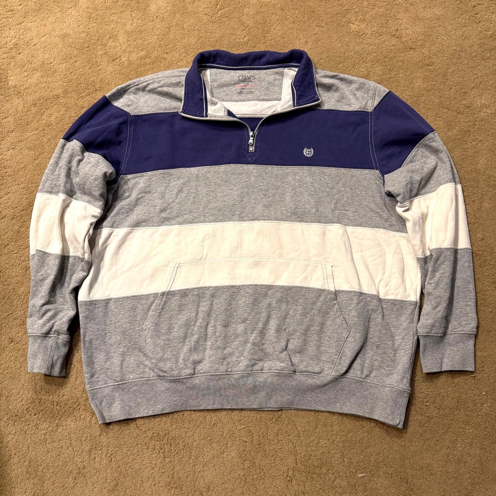 Chaps Sweatshirt Mens Grey White Royal 1/4 Zip Logo Embroidered Size 3XL